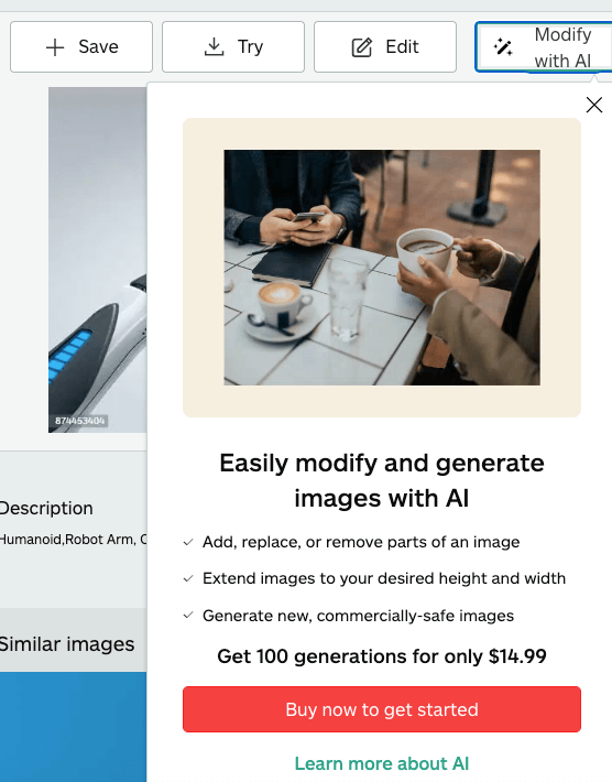AI image generator screenshot offering an AI feature
