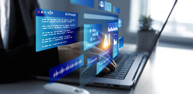 Person using laptop with Ai Content Generator.Image generator, documents, marketing and advertising, bot writing and coding.Interaction with the Ai assistant to solve some tasks more easily